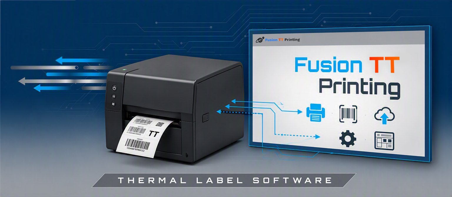 Fusion TT Printing — thermal label software driving a desktop thermal label printer
